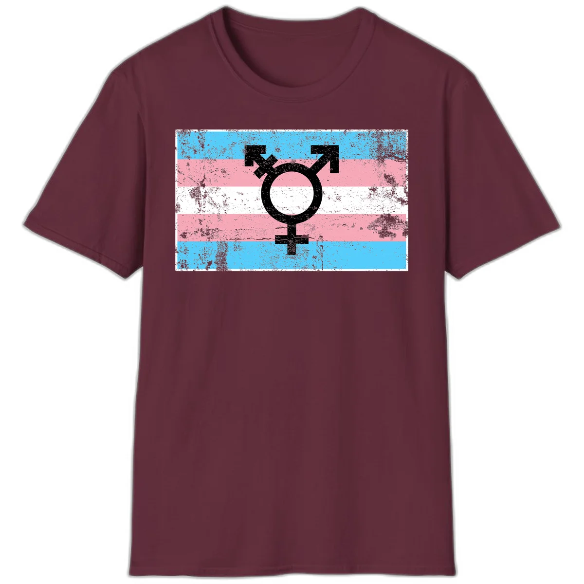 Transgender pride symbol with male and female combined icon on cyan, pink, and white striped distressed flag background in Maroon