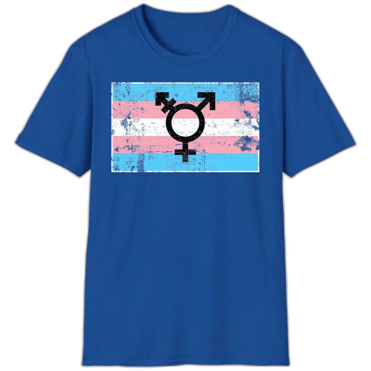 Transgender pride symbol with male and female combined icon on cyan, pink, and white striped distressed flag background in Royal