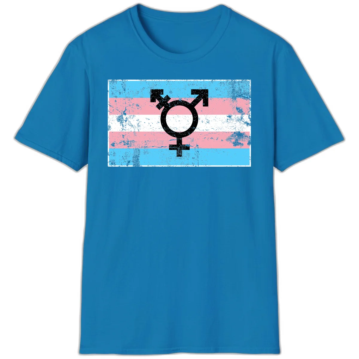 Transgender pride symbol with male and female combined icon on cyan, pink, and white striped distressed flag background in Sapphire