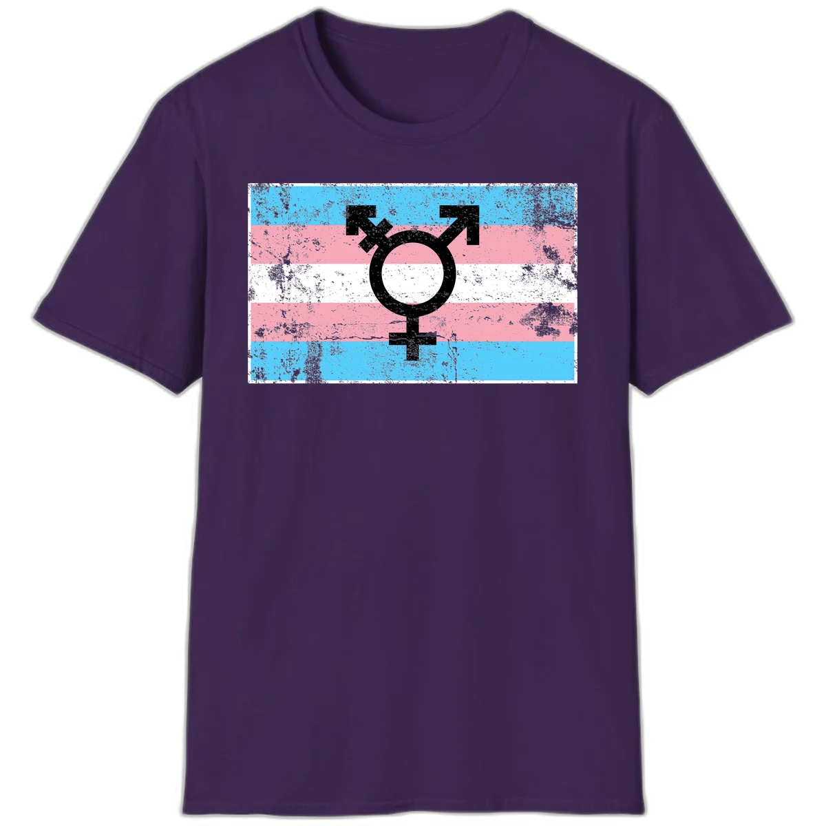 Transgender pride symbol with male and female combined icon on cyan, pink, and white striped distressed flag background in Purple