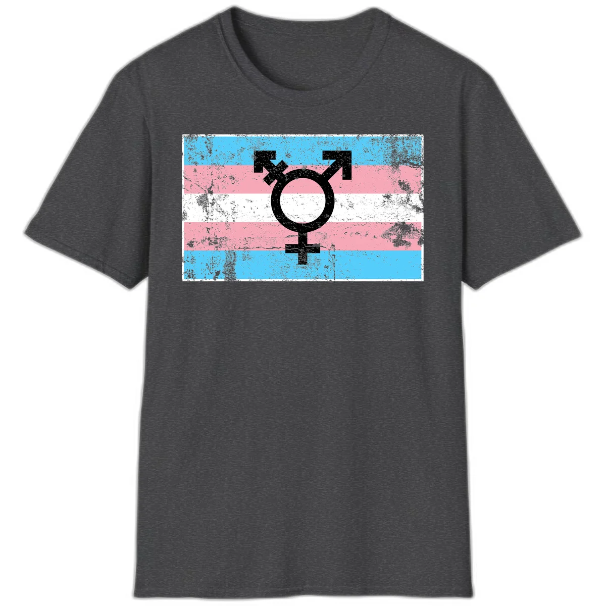 Transgender pride symbol with male and female combined icon on cyan, pink, and white striped distressed flag background in Dark Heather
