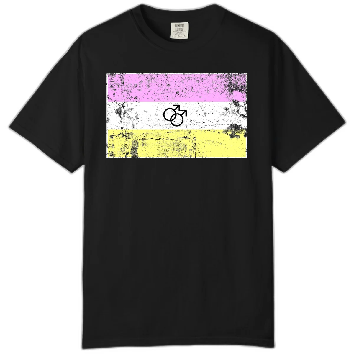 Male pride flag design with interlocking mars symbols on pink, white, and yellow horizontal stripes with distressed texture in Black