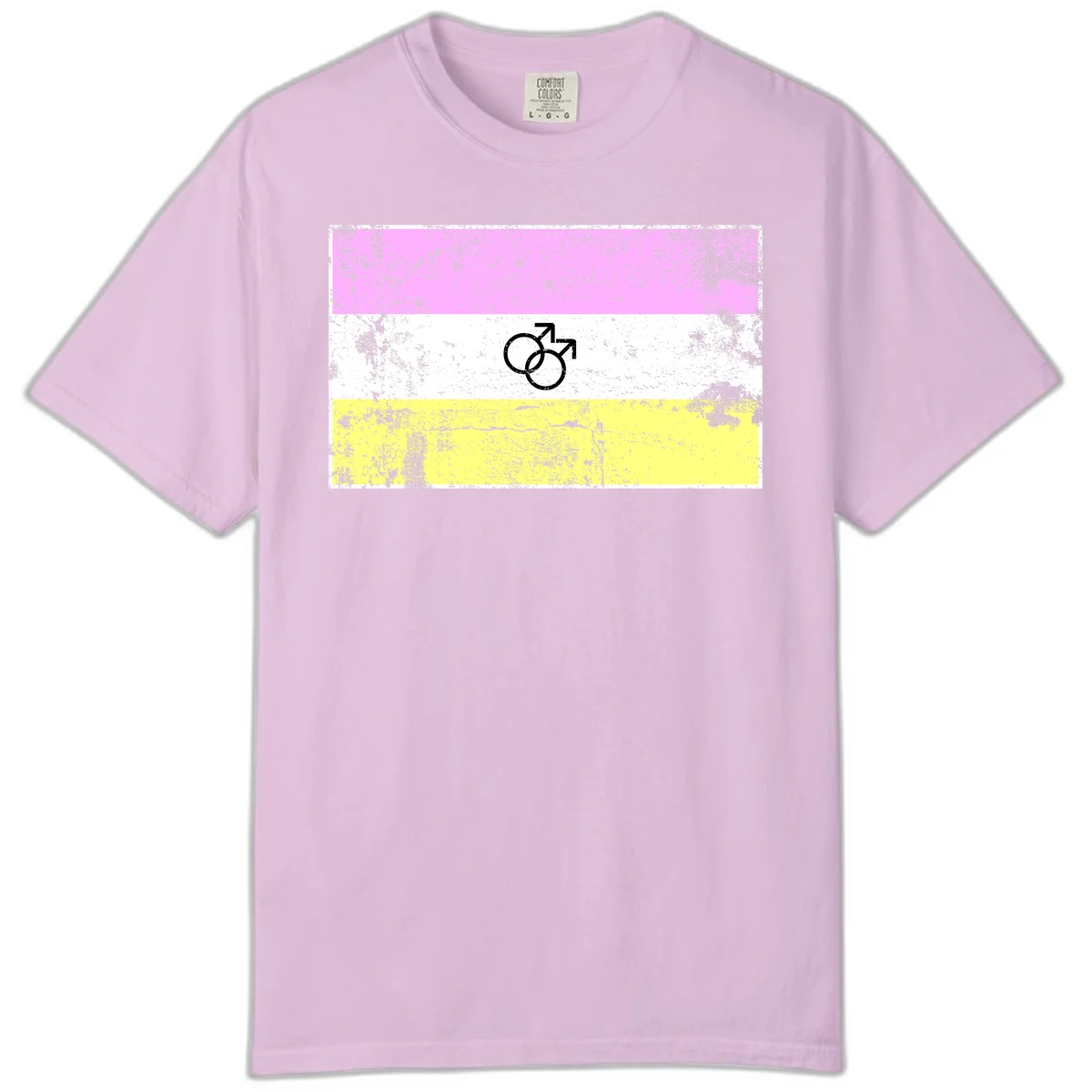 Male pride flag design with interlocking mars symbols on pink, white, and yellow horizontal stripes with distressed texture in Orchid