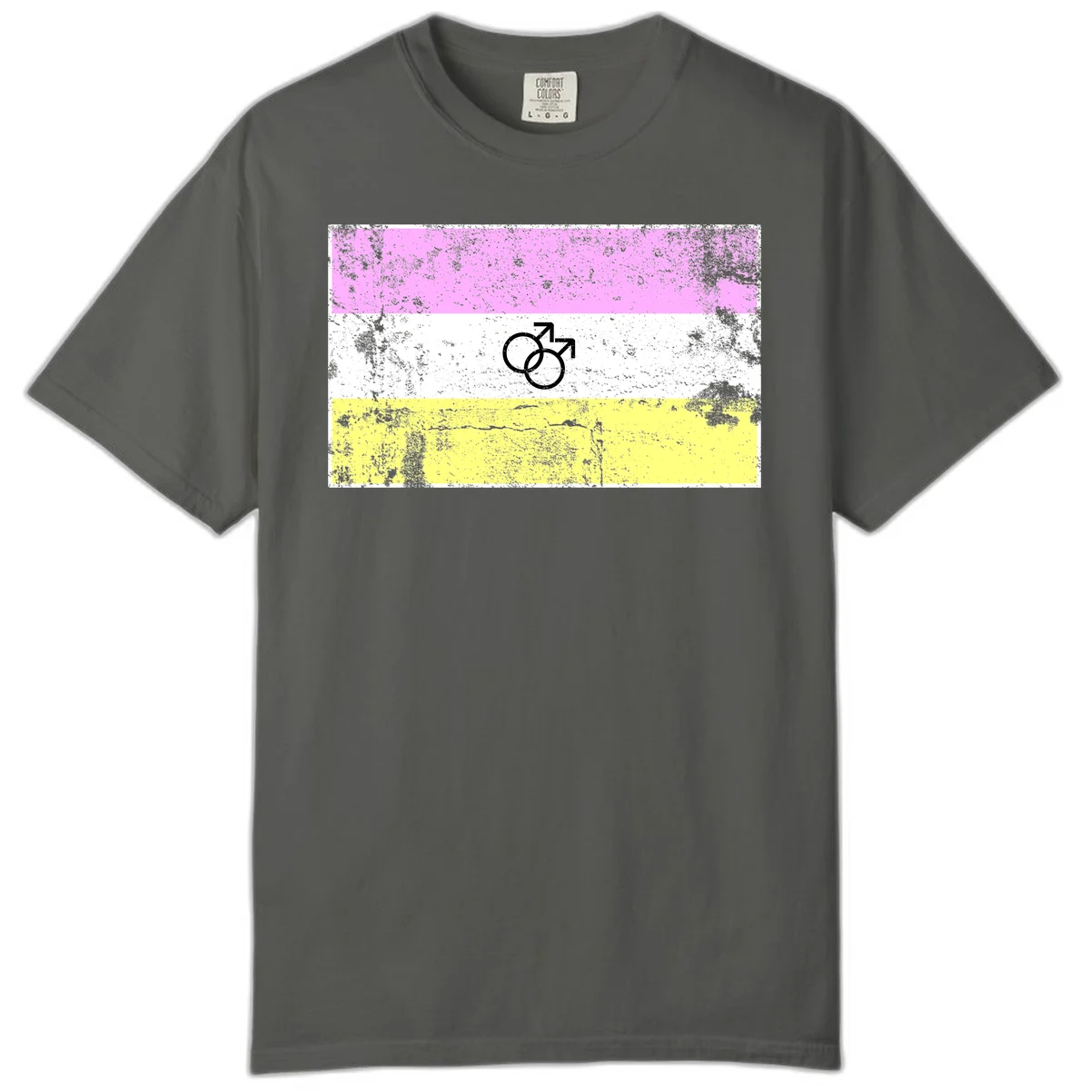 Male pride flag design with interlocking mars symbols on pink, white, and yellow horizontal stripes with distressed texture in Pepper