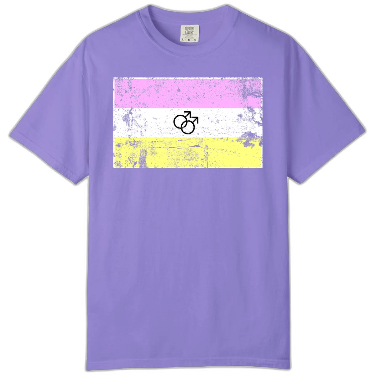 Male pride flag design with interlocking mars symbols on pink, white, and yellow horizontal stripes with distressed texture in Violet