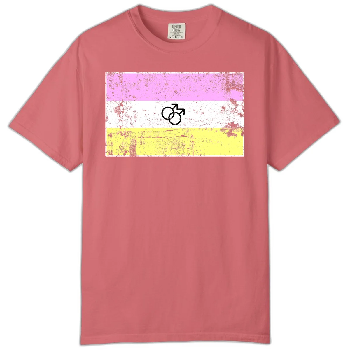 Male pride flag design with interlocking mars symbols on pink, white, and yellow horizontal stripes with distressed texture in Watermelon