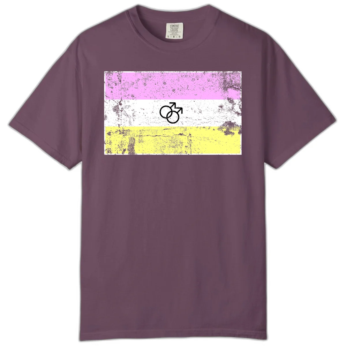 Male pride flag design with interlocking mars symbols on pink, white, and yellow horizontal stripes with distressed texture in Berry