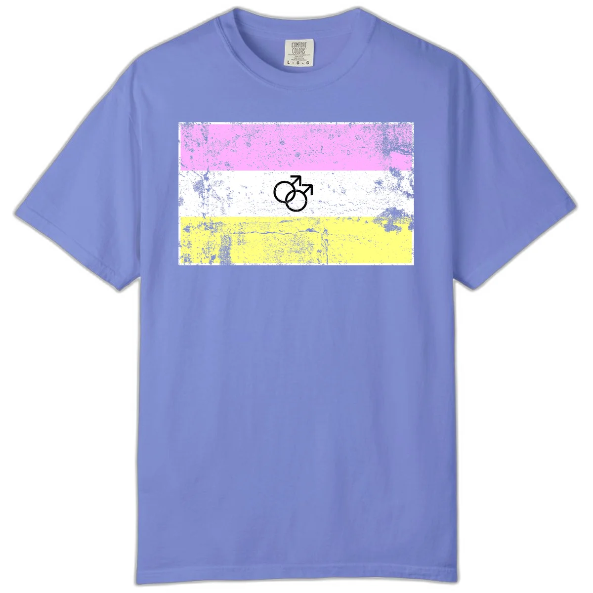 Male pride flag design with interlocking mars symbols on pink, white, and yellow horizontal stripes with distressed texture in Flo Blue