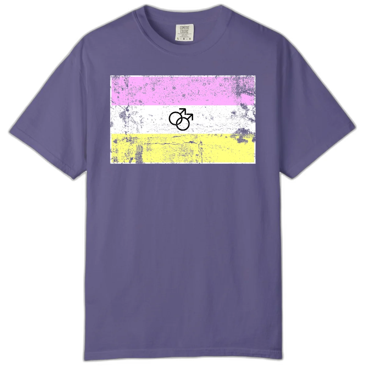 Male pride flag design with interlocking mars symbols on pink, white, and yellow horizontal stripes with distressed texture in Grape