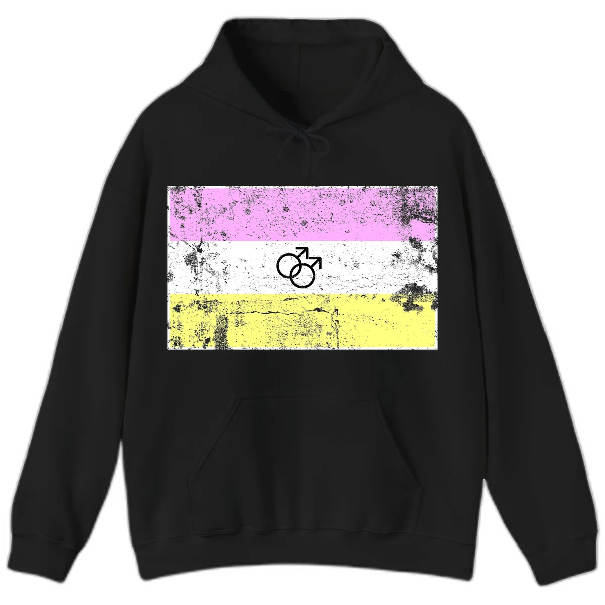 Male pride flag design with interlocking mars symbols on pink, white, and yellow horizontal stripes with distressed texture in Black