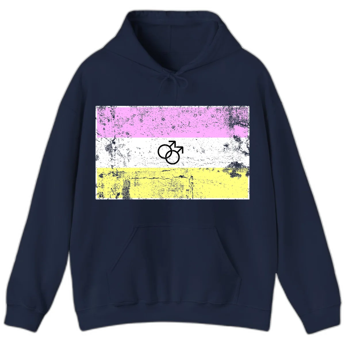 Male pride flag design with interlocking mars symbols on pink, white, and yellow horizontal stripes with distressed texture in Navy