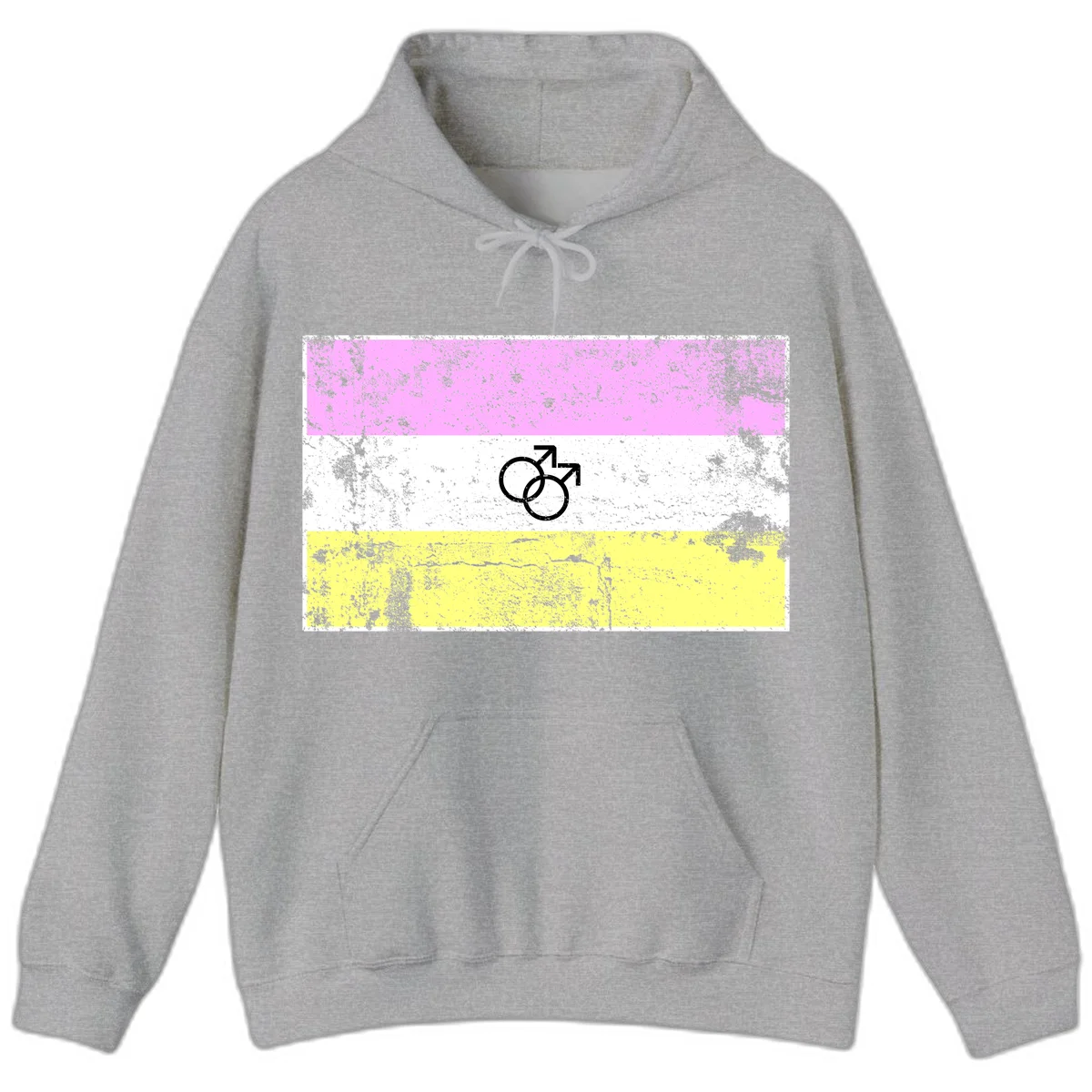 Male pride flag design with interlocking mars symbols on pink, white, and yellow horizontal stripes with distressed texture in Sport Grey