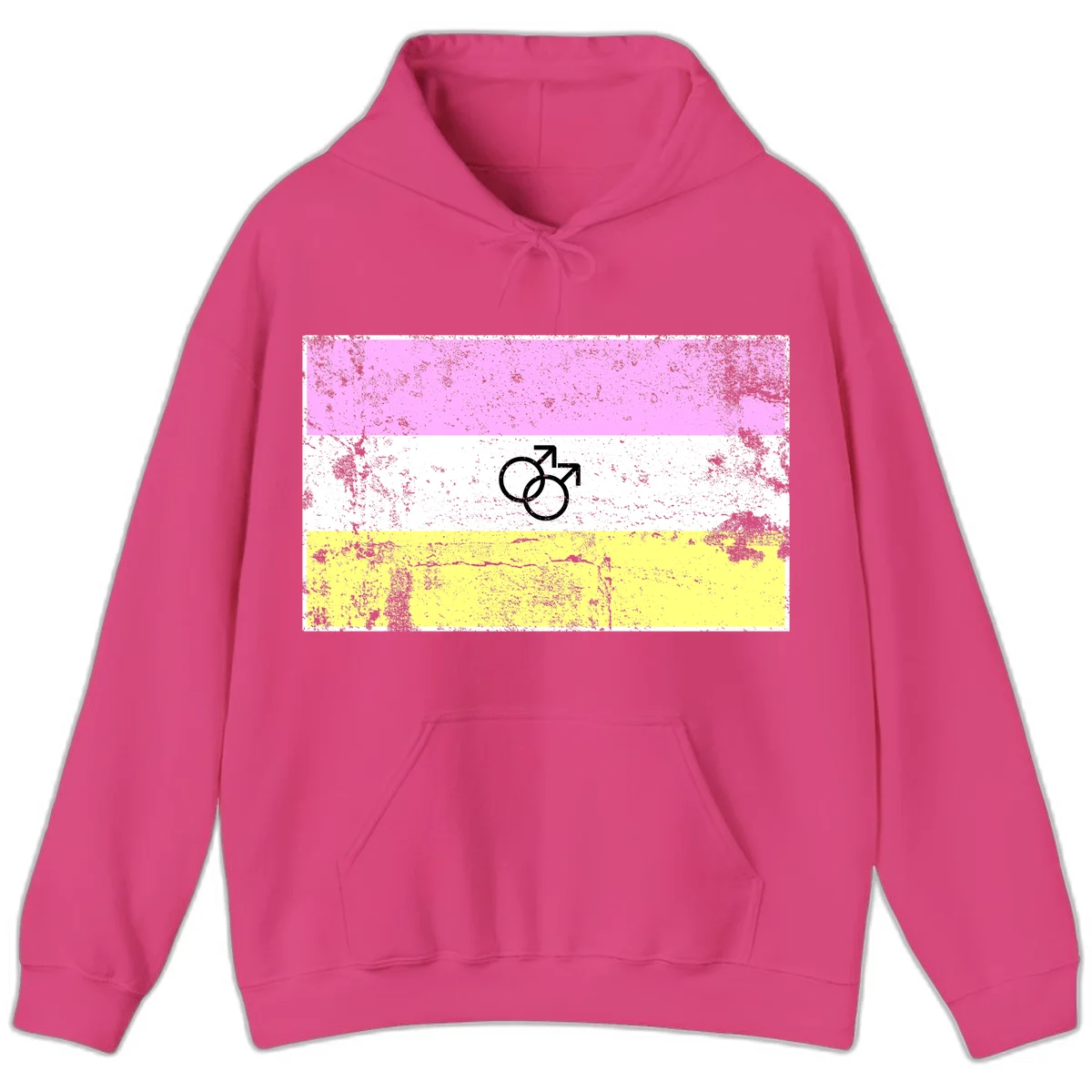 Male pride flag design with interlocking mars symbols on pink, white, and yellow horizontal stripes with distressed texture in Heliconia