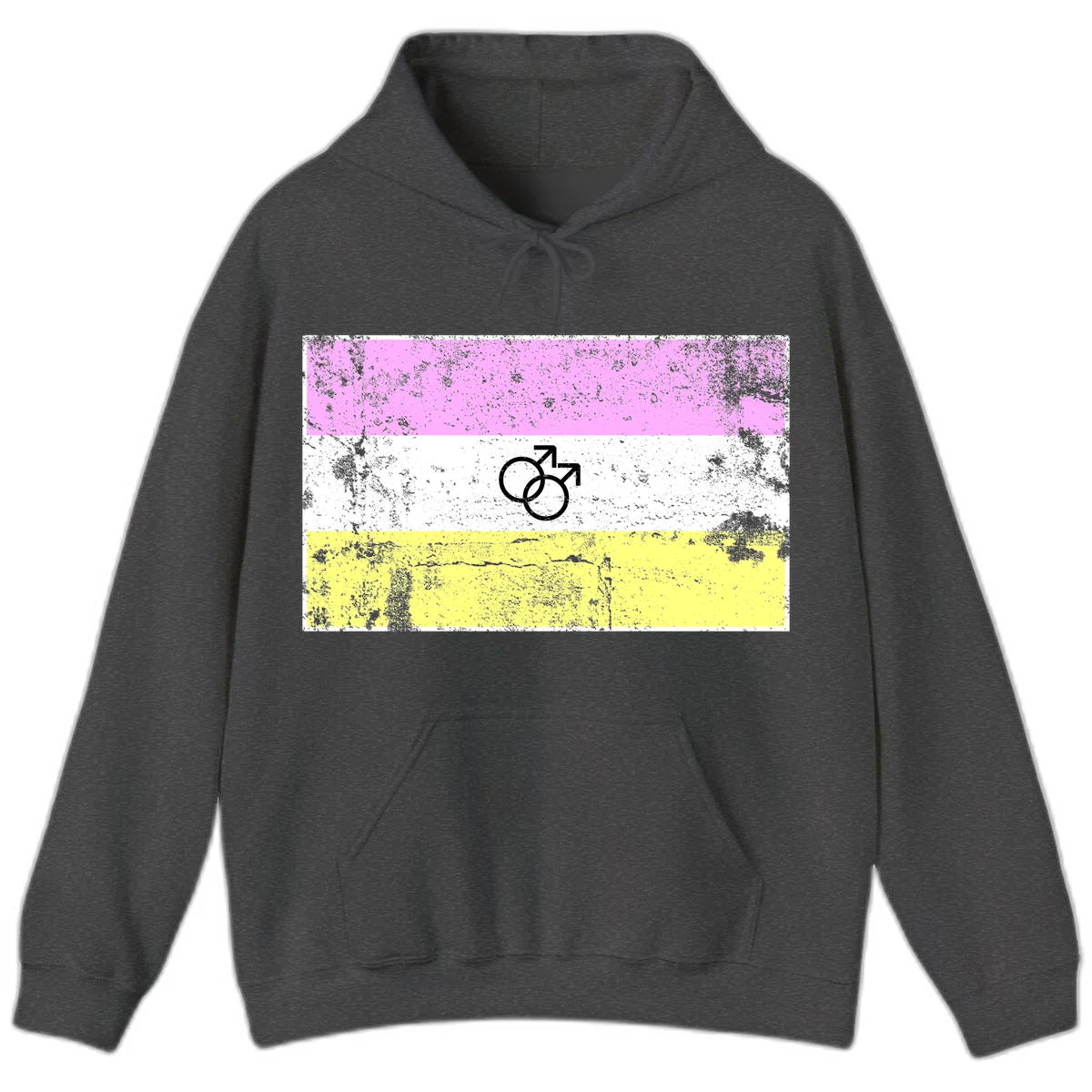 Male pride flag design with interlocking mars symbols on pink, white, and yellow horizontal stripes with distressed texture in Dark Heather
