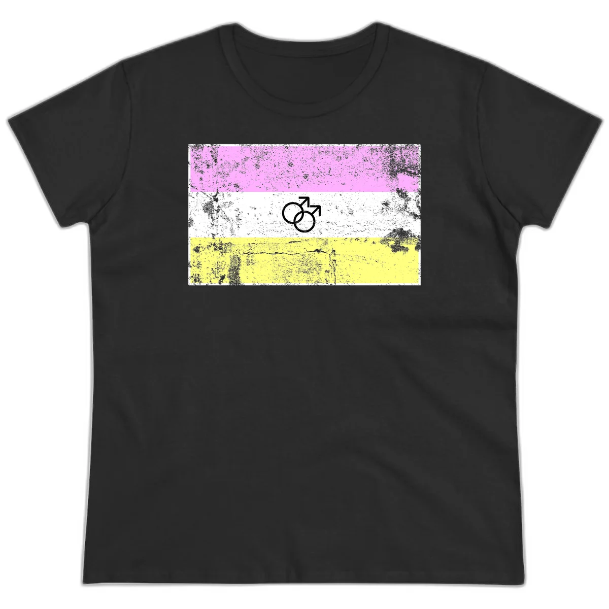 Male pride flag design with interlocking mars symbols on pink, white, and yellow horizontal stripes with distressed texture in Black
