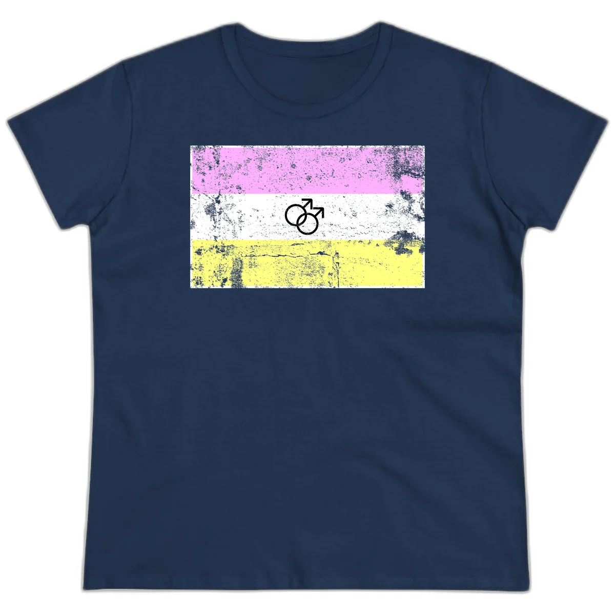 Male pride flag design with interlocking mars symbols on pink, white, and yellow horizontal stripes with distressed texture in Navy
