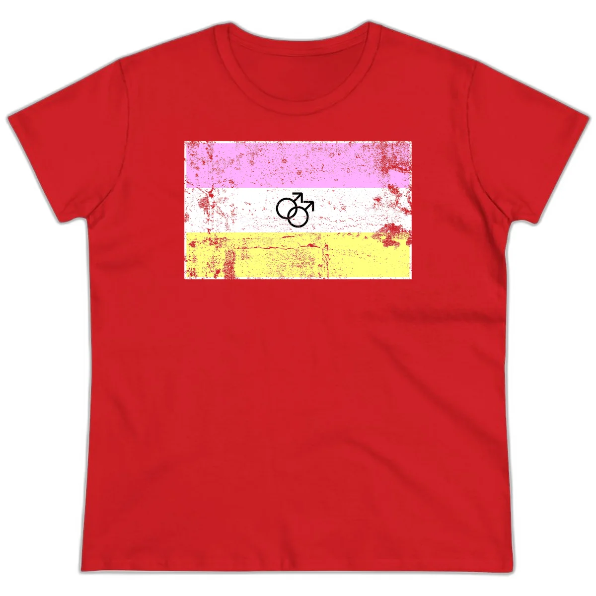 Male pride flag design with interlocking mars symbols on pink, white, and yellow horizontal stripes with distressed texture in Red
