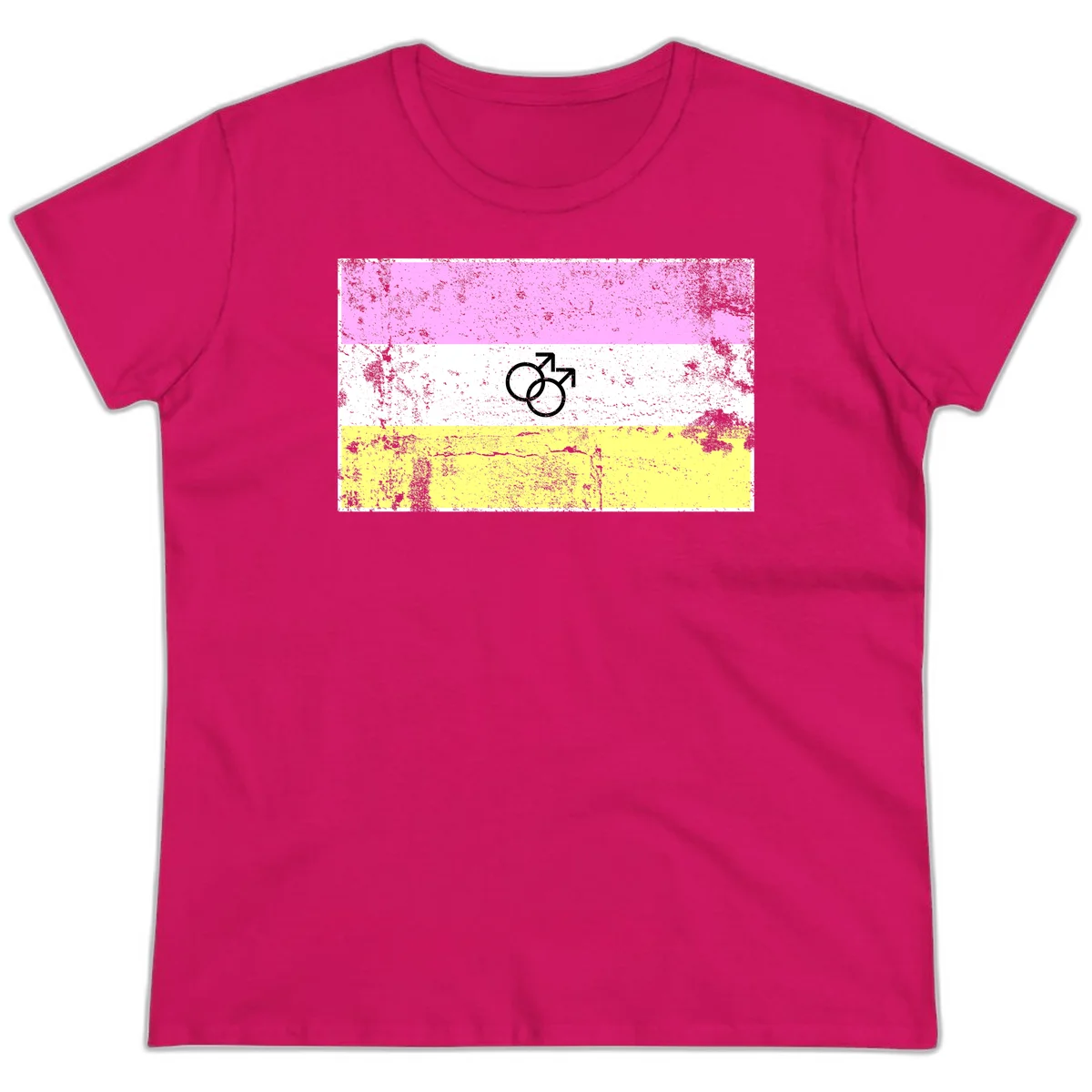 Male pride flag design with interlocking mars symbols on pink, white, and yellow horizontal stripes with distressed texture in Heliconia