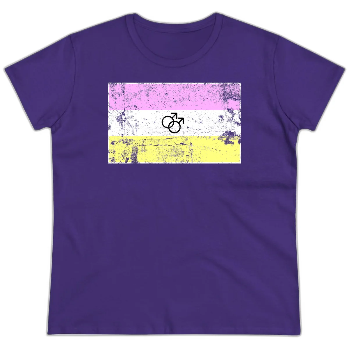 Male pride flag design with interlocking mars symbols on pink, white, and yellow horizontal stripes with distressed texture in Purple