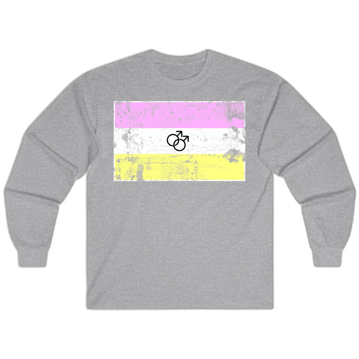 Male pride flag design with interlocking mars symbols on pink, white, and yellow horizontal stripes with distressed texture in Sport Grey