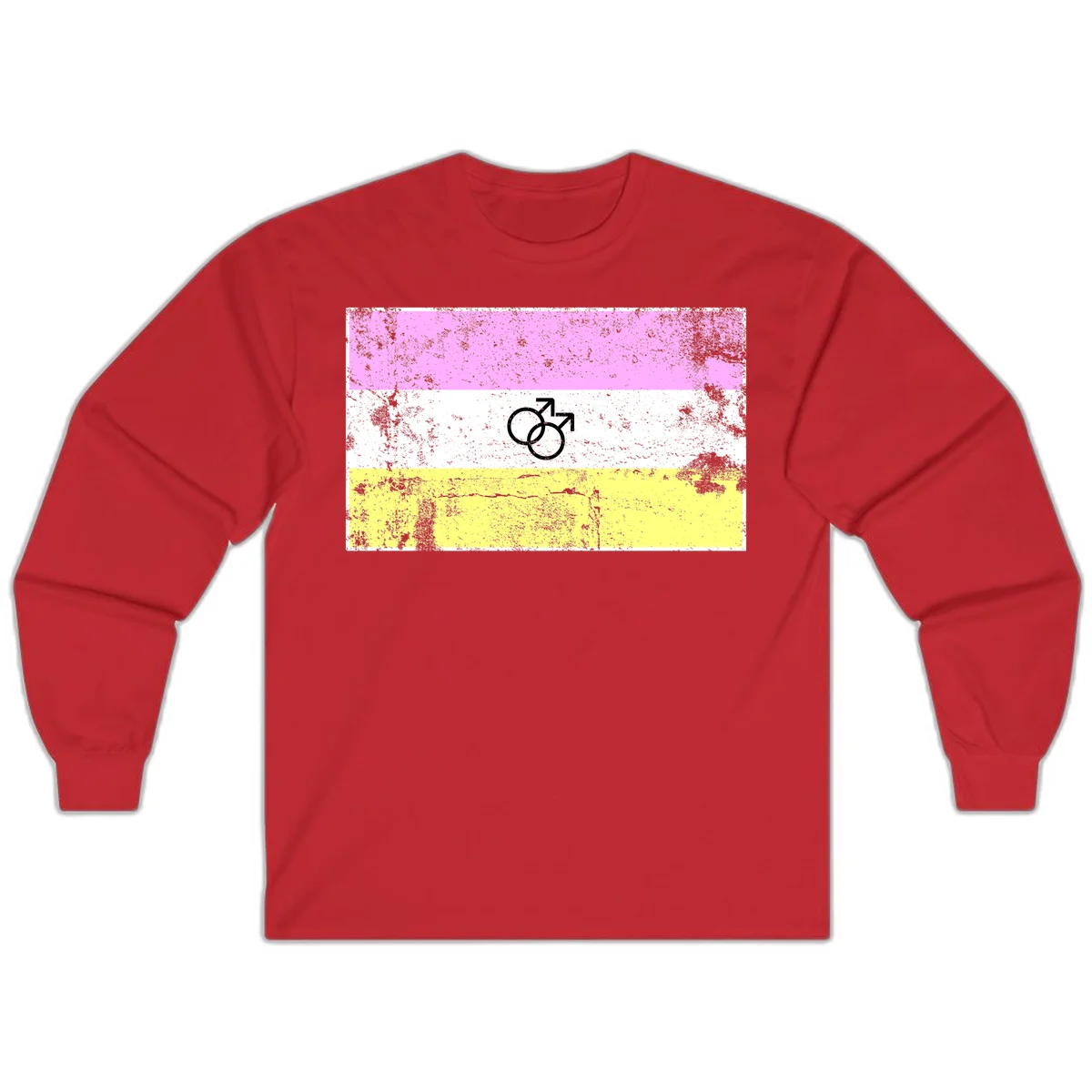 Male pride flag design with interlocking mars symbols on pink, white, and yellow horizontal stripes with distressed texture in Red
