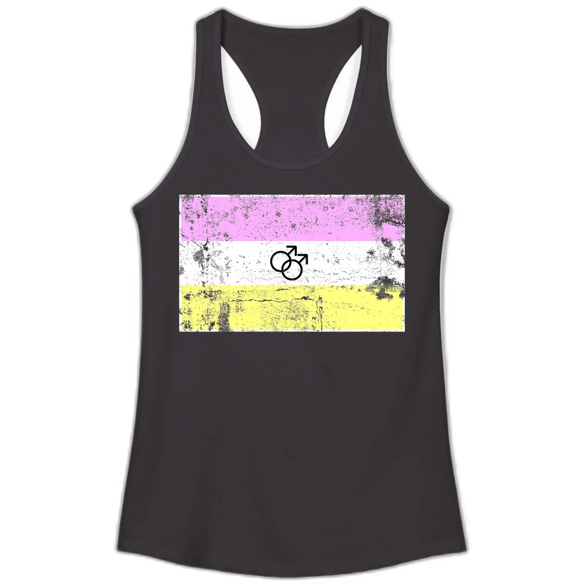 Male pride flag design with interlocking mars symbols on pink, white, and yellow horizontal stripes with distressed texture in Black
