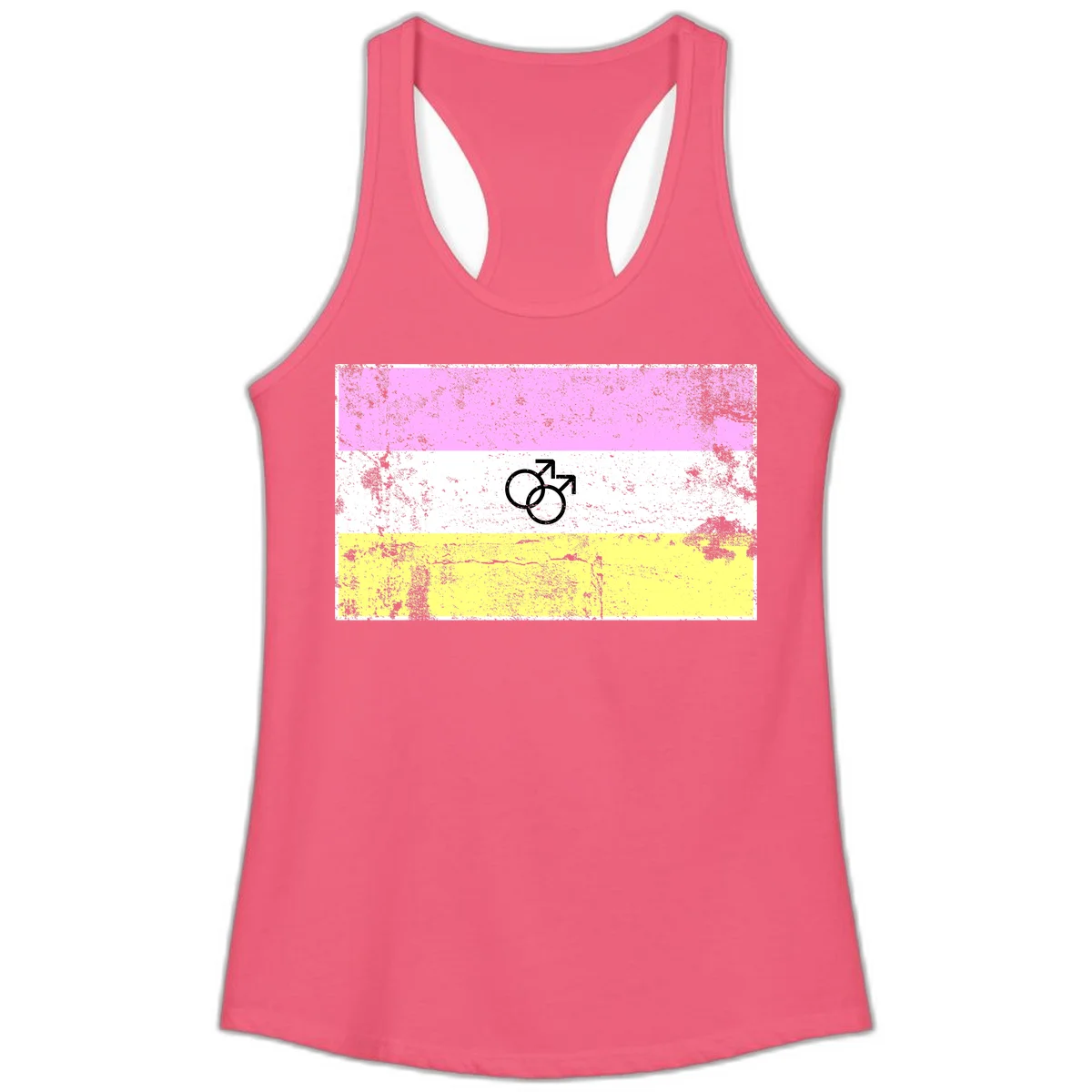 Male pride flag design with interlocking mars symbols on pink, white, and yellow horizontal stripes with distressed texture in Hot Pink