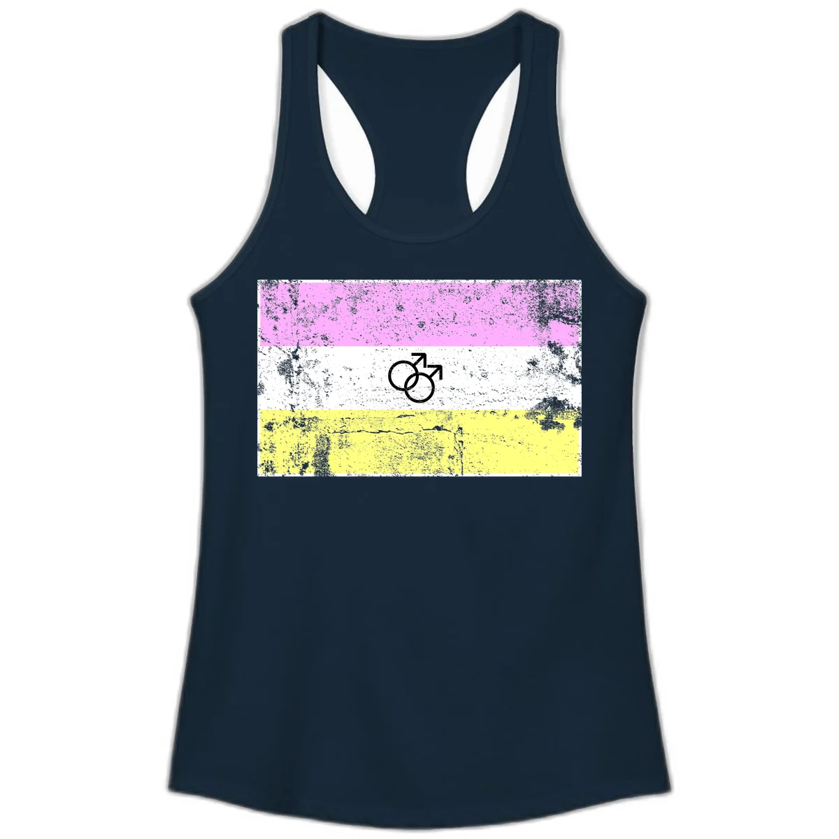 Male pride flag design with interlocking mars symbols on pink, white, and yellow horizontal stripes with distressed texture in Solid Midnight Navy