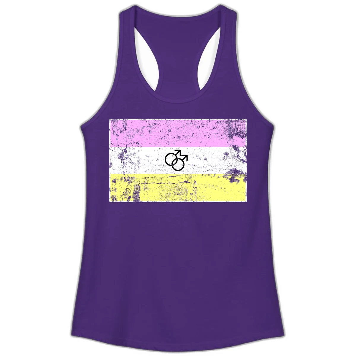 Male pride flag design with interlocking mars symbols on pink, white, and yellow horizontal stripes with distressed texture in Solid Purple Rush