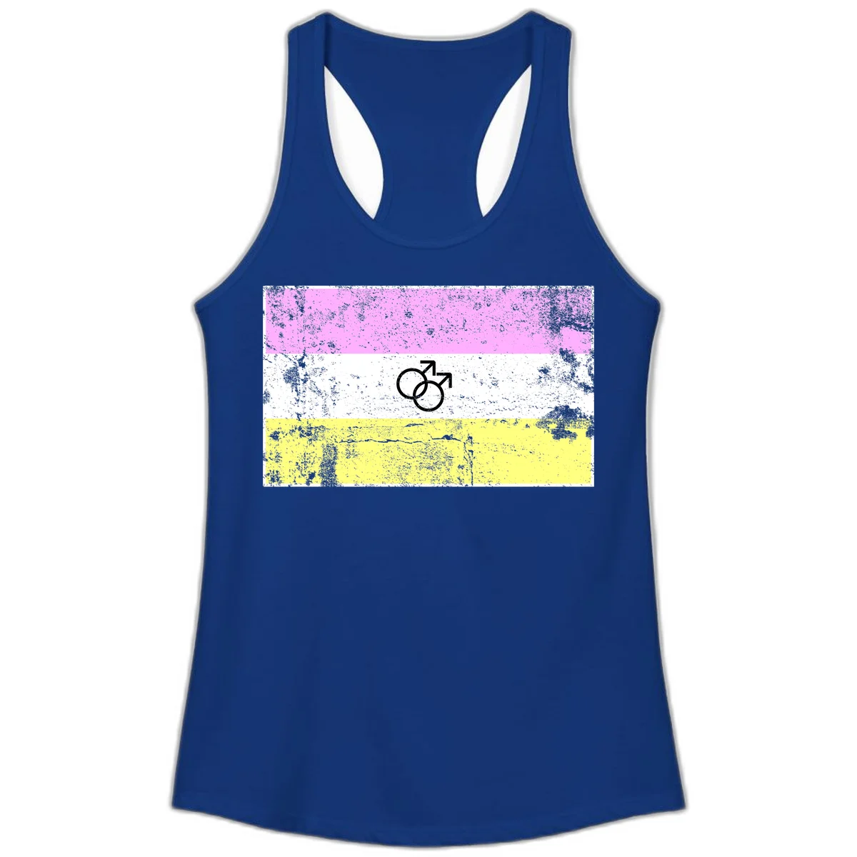 Male pride flag design with interlocking mars symbols on pink, white, and yellow horizontal stripes with distressed texture in Solid Royal