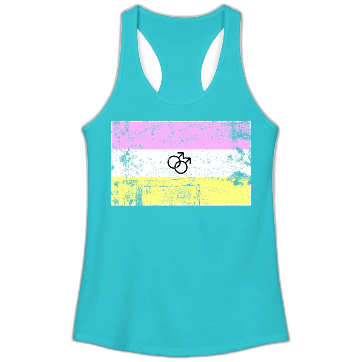 Male pride flag design with interlocking mars symbols on pink, white, and yellow horizontal stripes with distressed texture in Solid Tahiti Blue