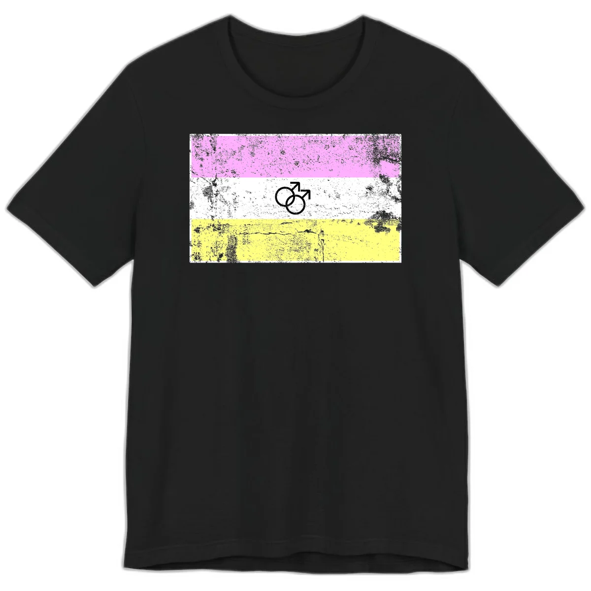 Male pride flag design with interlocking mars symbols on pink, white, and yellow horizontal stripes with distressed texture in Black