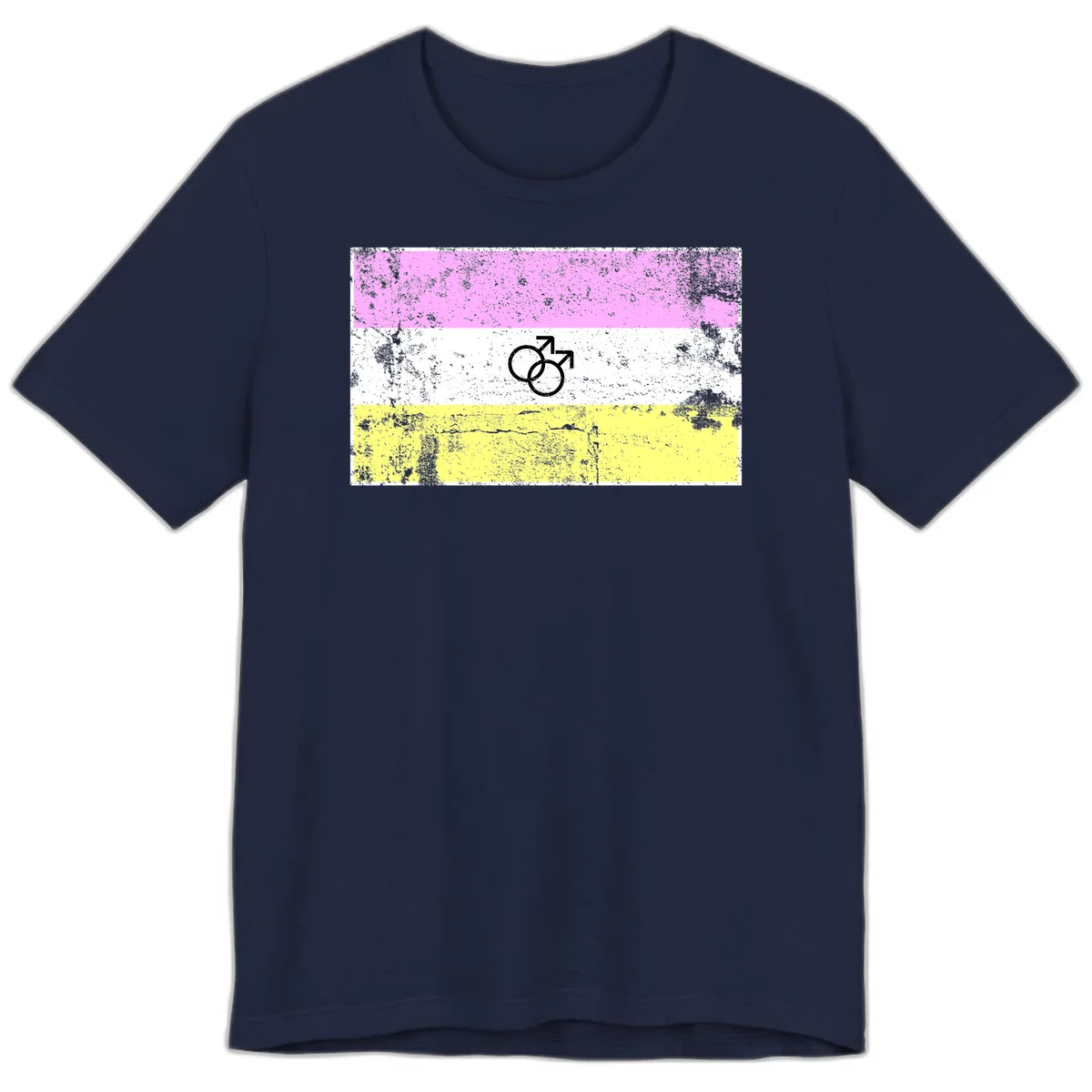 Male pride flag design with interlocking mars symbols on pink, white, and yellow horizontal stripes with distressed texture in Navy
