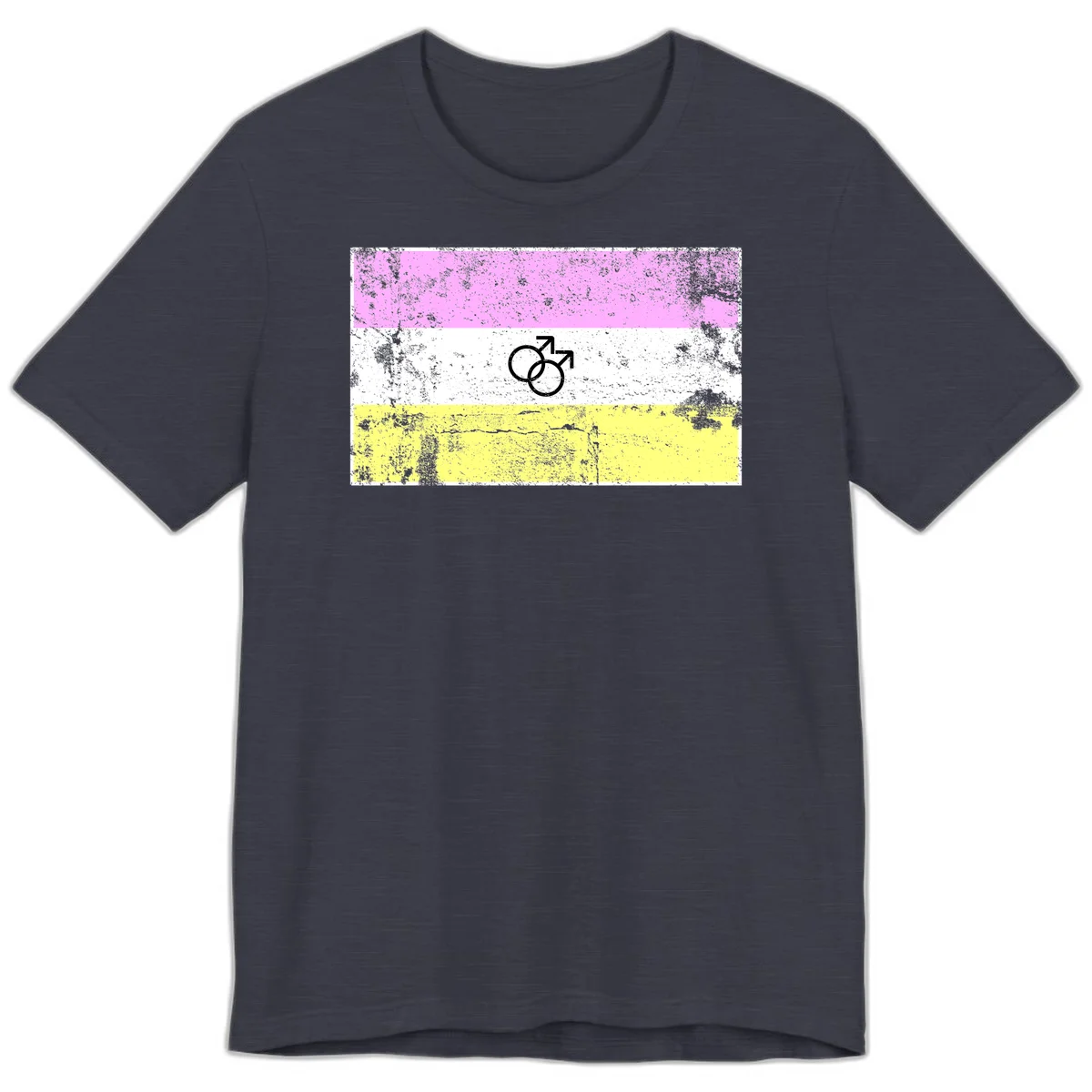 Male pride flag design with interlocking mars symbols on pink, white, and yellow horizontal stripes with distressed texture in Heather Midnight Navy