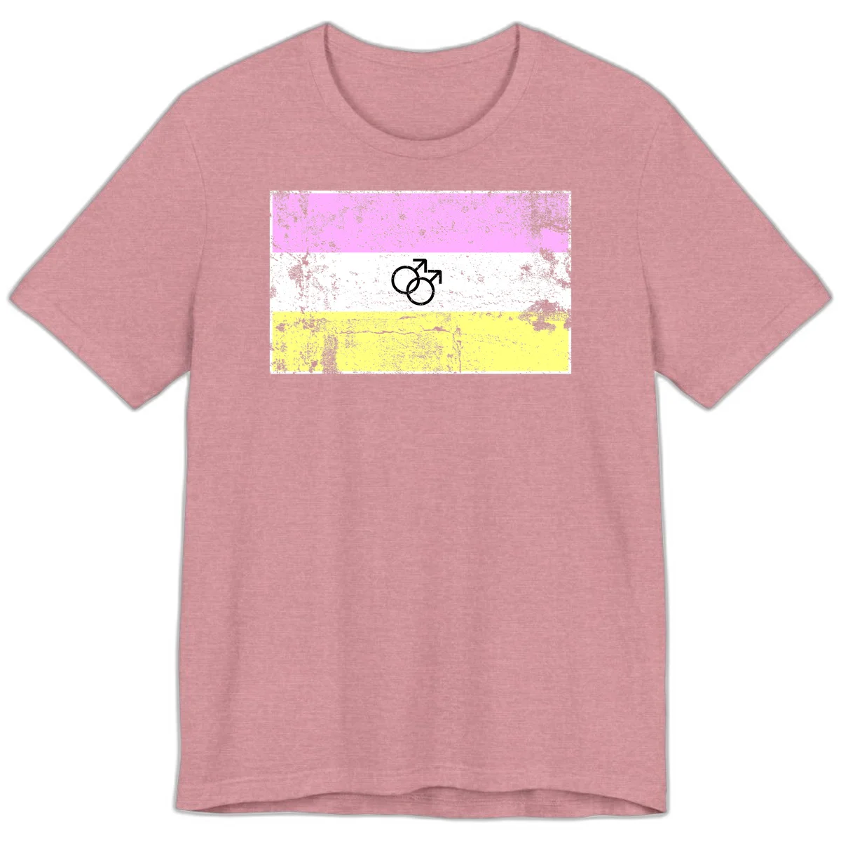 Male pride flag design with interlocking mars symbols on pink, white, and yellow horizontal stripes with distressed texture in Heather Orchid