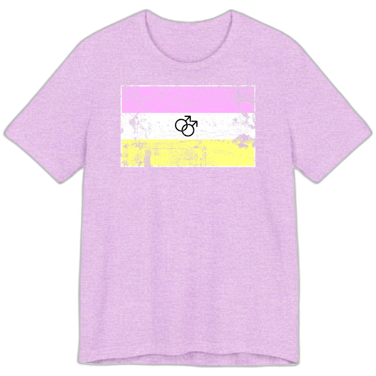 Male pride flag design with interlocking mars symbols on pink, white, and yellow horizontal stripes with distressed texture in Heather Prism Lilac