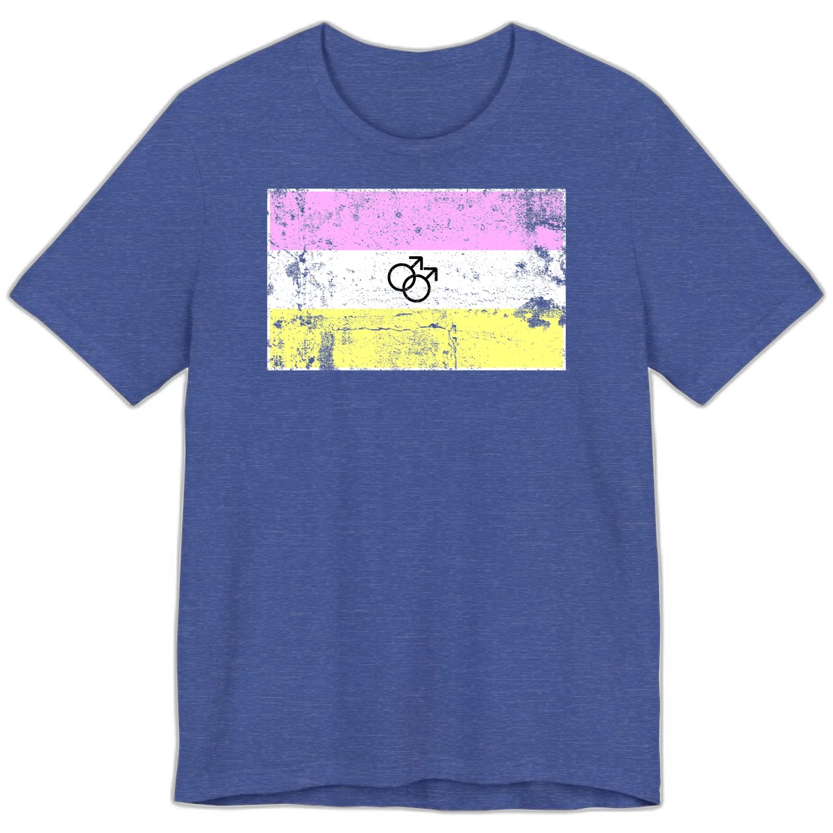 Male pride flag design with interlocking mars symbols on pink, white, and yellow horizontal stripes with distressed texture in Heather True Royal