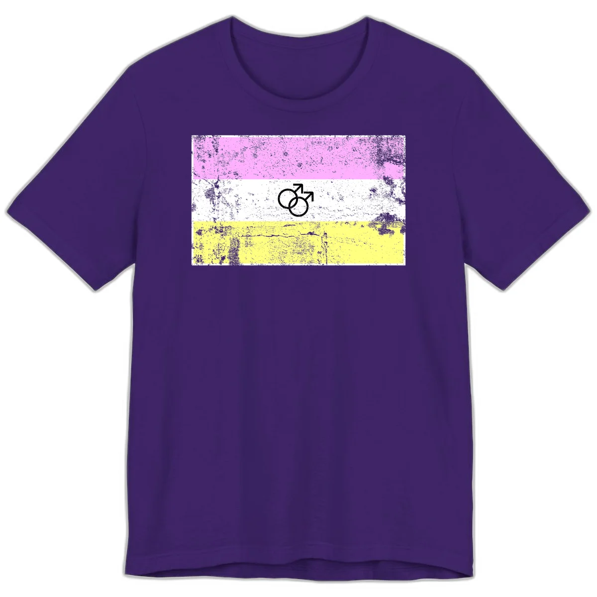 Male pride flag design with interlocking mars symbols on pink, white, and yellow horizontal stripes with distressed texture in Team Purple