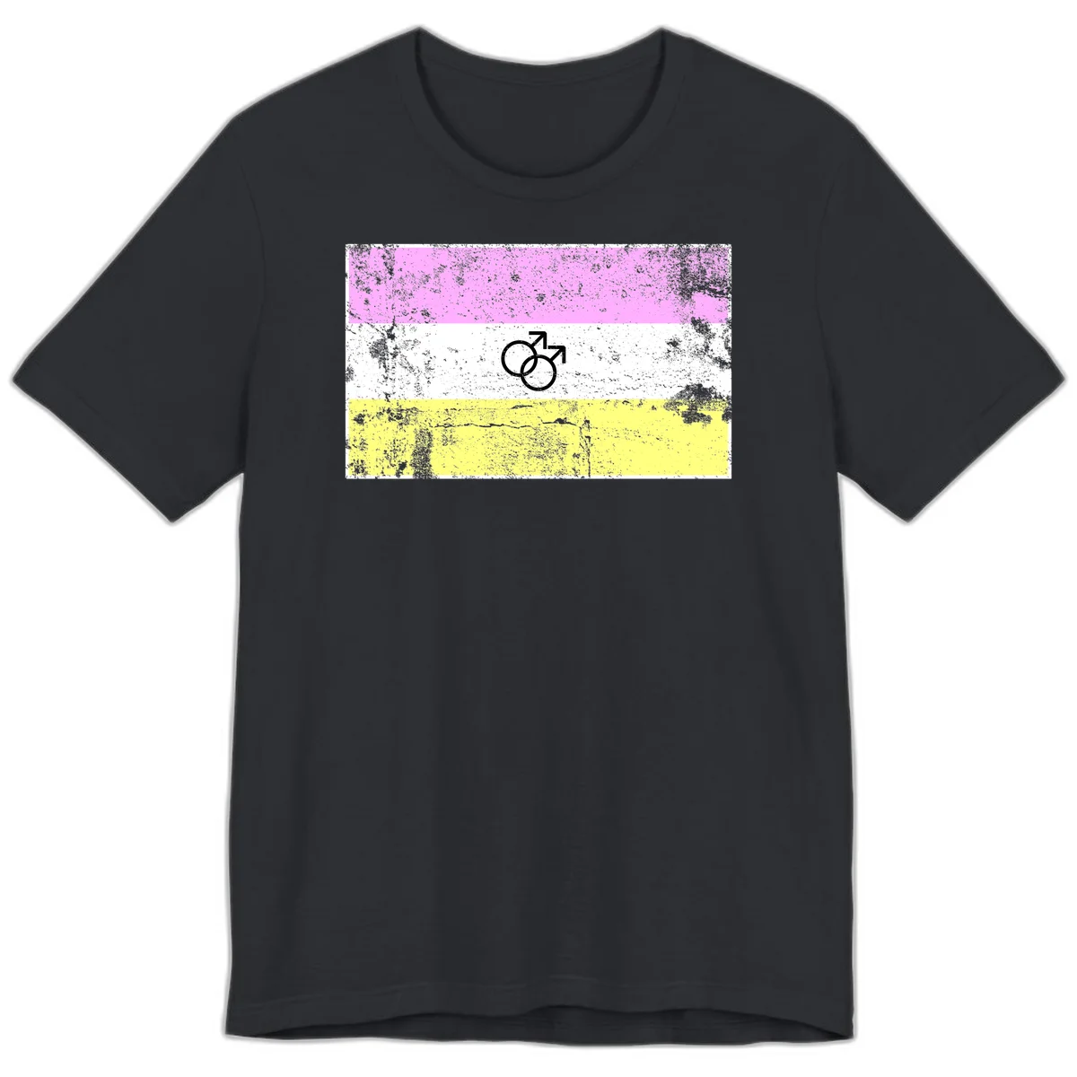 Male pride flag design with interlocking mars symbols on pink, white, and yellow horizontal stripes with distressed texture in Vintage Black