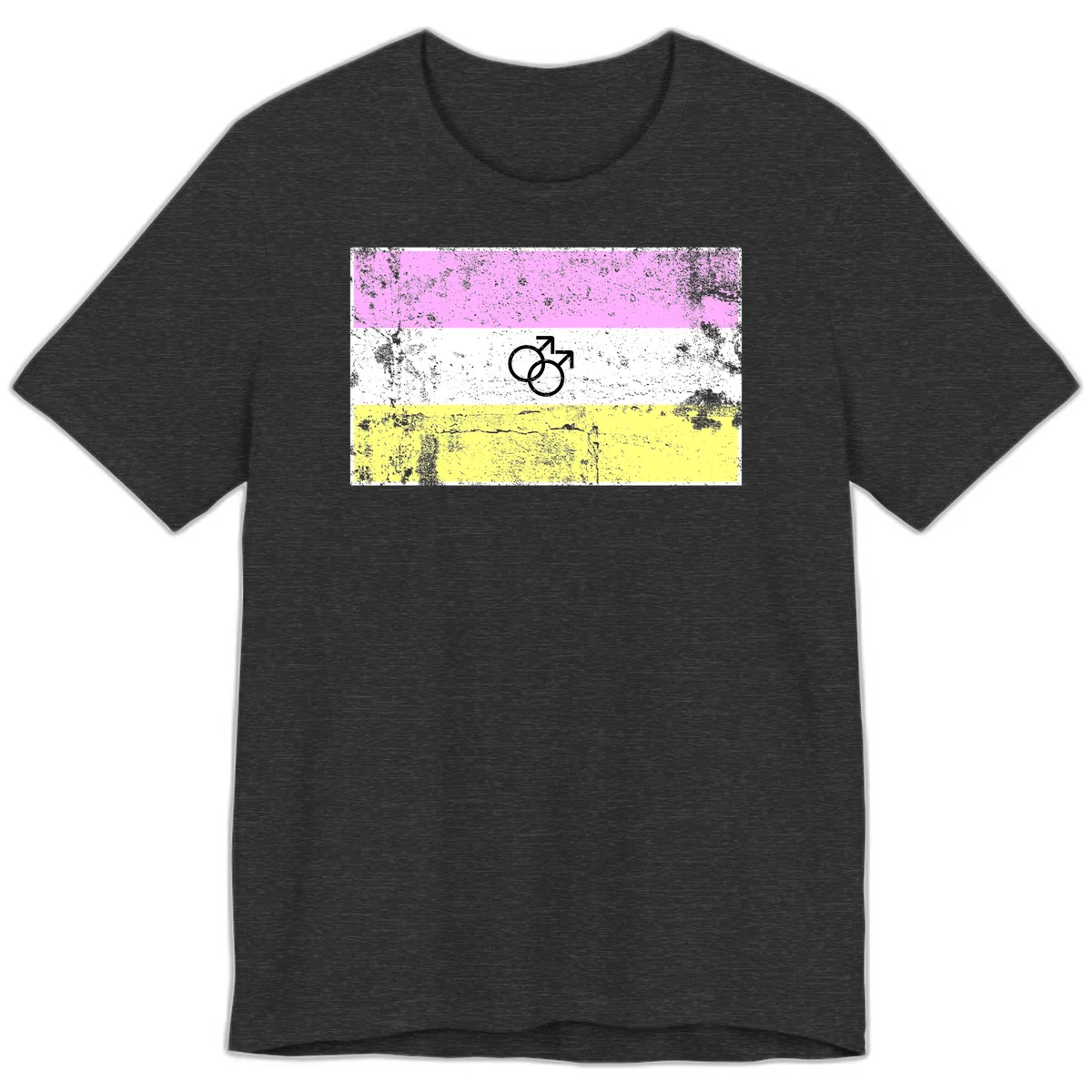 Male pride flag design with interlocking mars symbols on pink, white, and yellow horizontal stripes with distressed texture in Dark Grey Heather