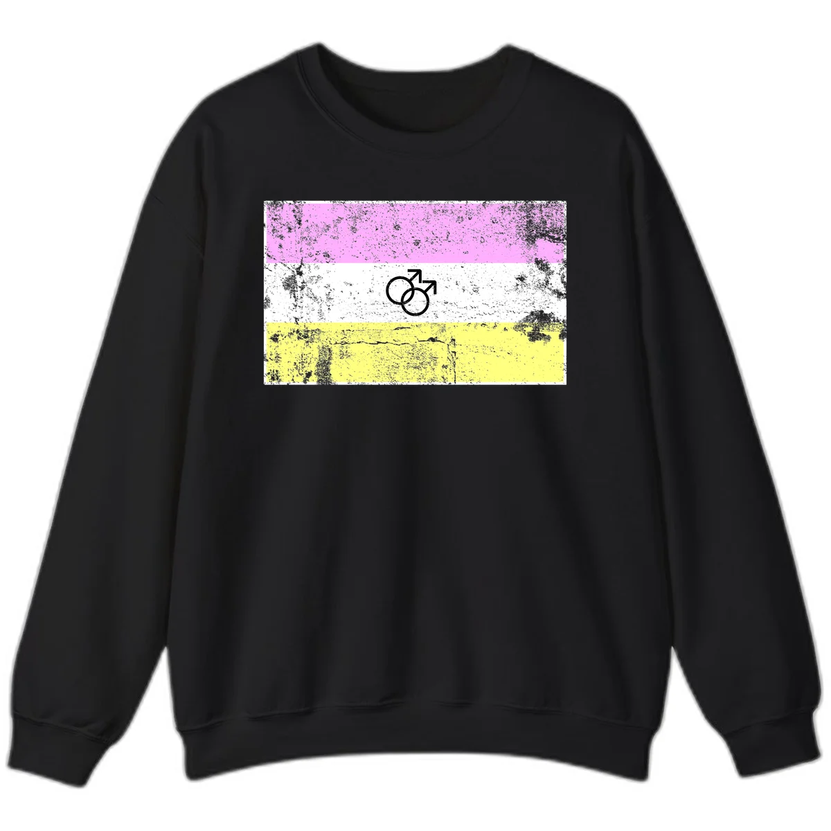 Male pride flag design with interlocking mars symbols on pink, white, and yellow horizontal stripes with distressed texture in Black