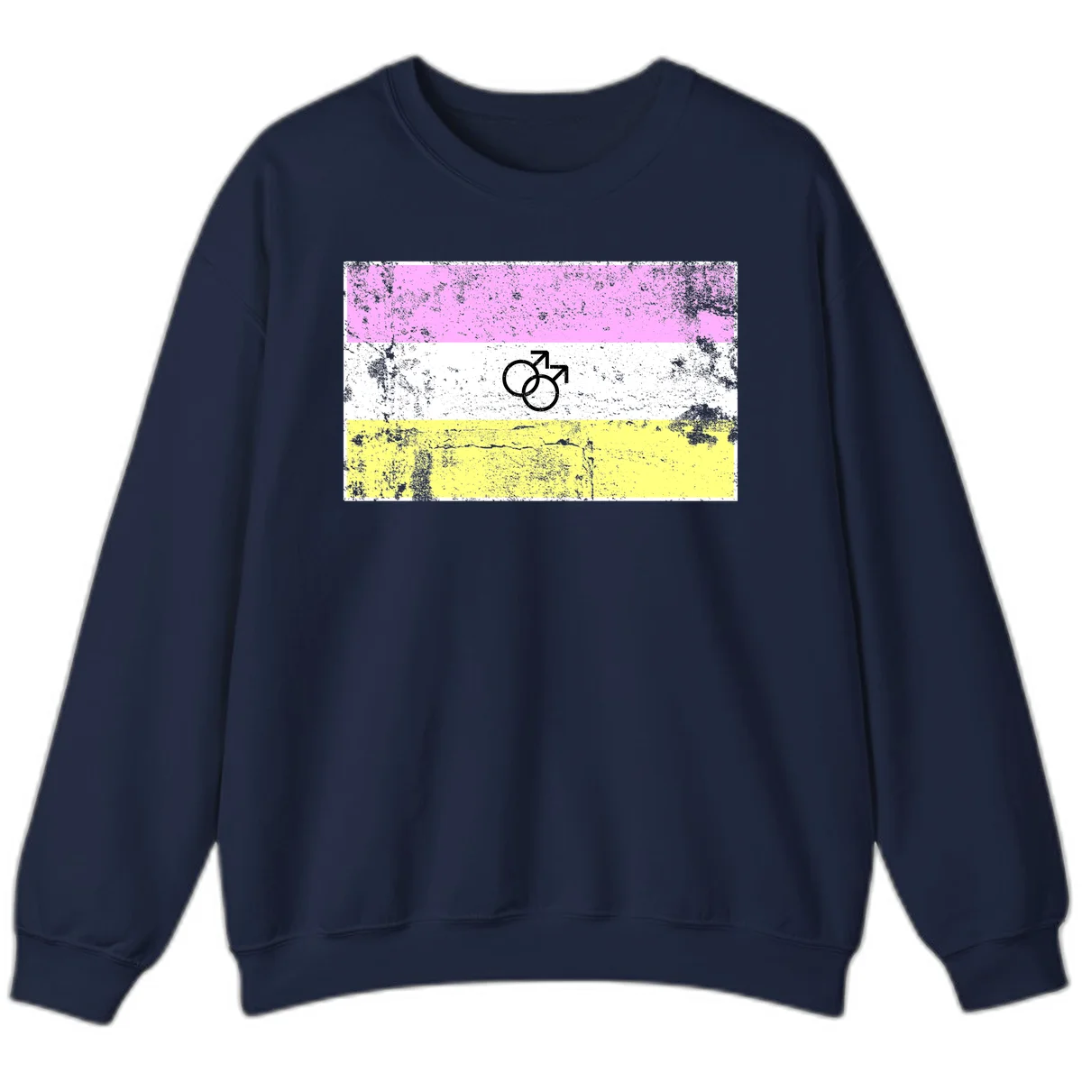 Male pride flag design with interlocking mars symbols on pink, white, and yellow horizontal stripes with distressed texture in Navy