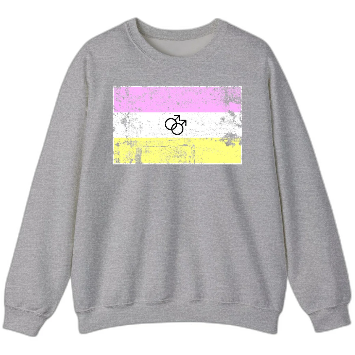 Male pride flag design with interlocking mars symbols on pink, white, and yellow horizontal stripes with distressed texture in Sport Grey