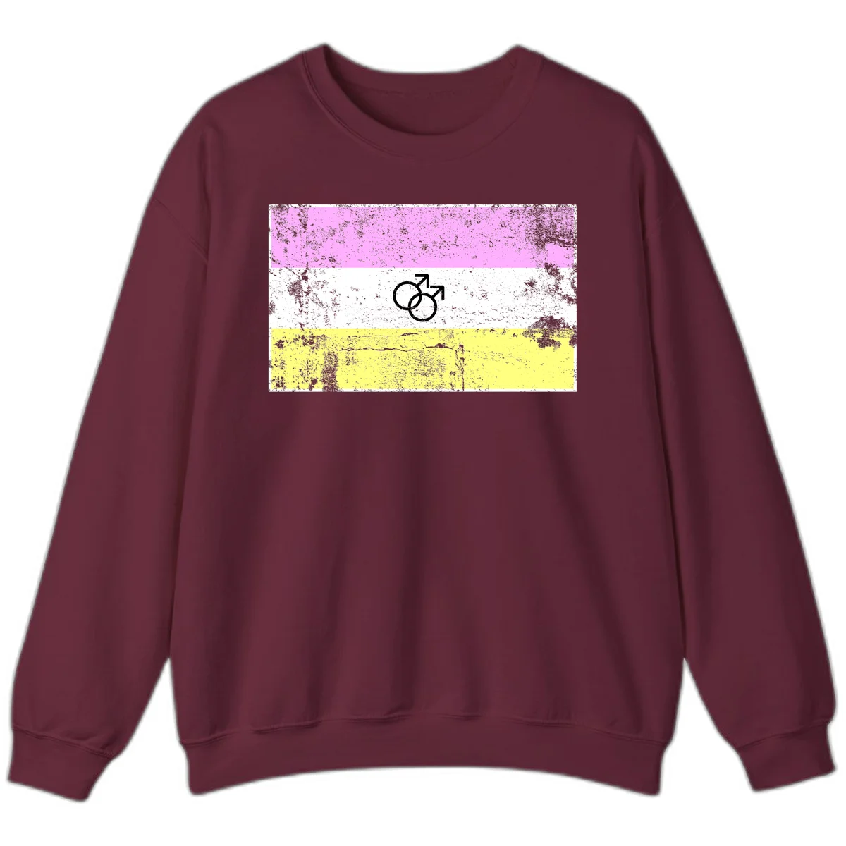 Male pride flag design with interlocking mars symbols on pink, white, and yellow horizontal stripes with distressed texture in Maroon