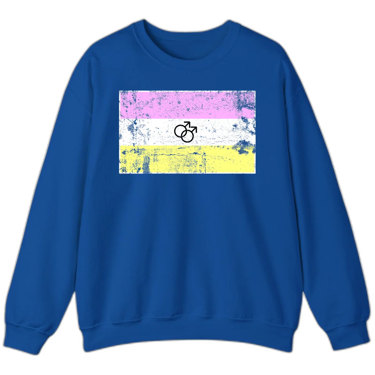 Male pride flag design with interlocking mars symbols on pink, white, and yellow horizontal stripes with distressed texture in Royal