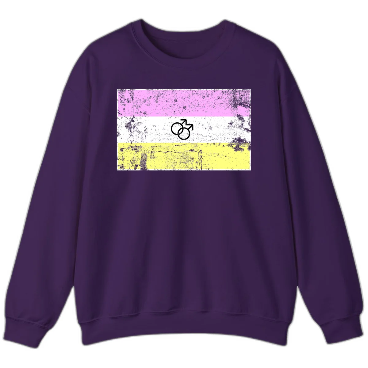 Male pride flag design with interlocking mars symbols on pink, white, and yellow horizontal stripes with distressed texture in Purple