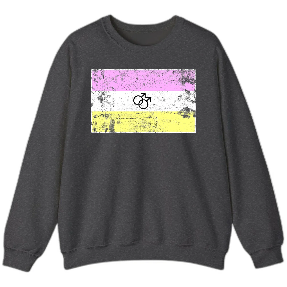 Male pride flag design with interlocking mars symbols on pink, white, and yellow horizontal stripes with distressed texture in Dark Heather