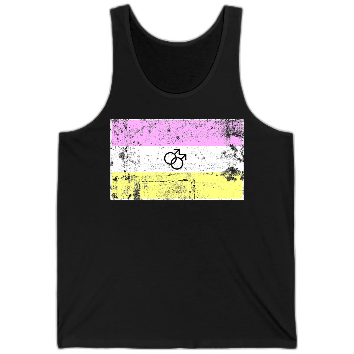 Male pride flag design with interlocking mars symbols on pink, white, and yellow horizontal stripes with distressed texture in Black