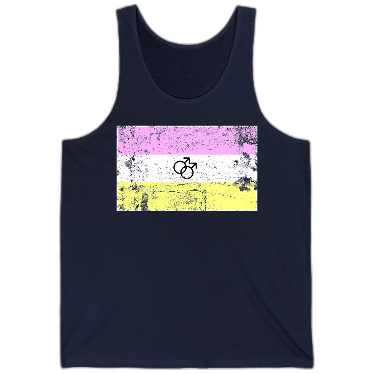 Male pride flag design with interlocking mars symbols on pink, white, and yellow horizontal stripes with distressed texture in Navy