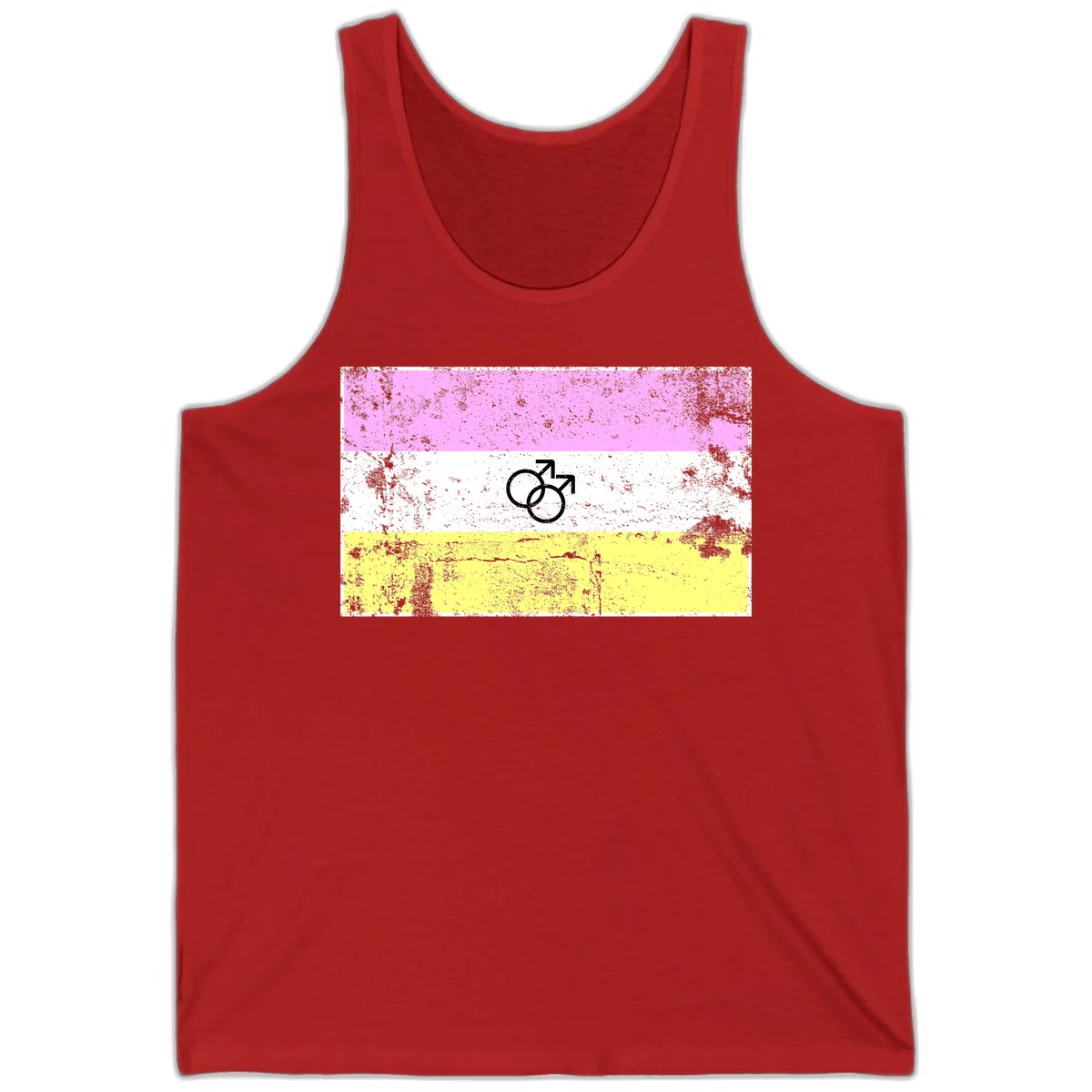 Male pride flag design with interlocking mars symbols on pink, white, and yellow horizontal stripes with distressed texture in Red